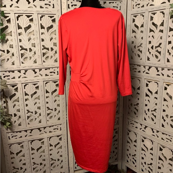 K JORDEN BRILLIANT RED ROUCHED & RUFFLED LONG SLEEVE STRETCHY MIDI DRESS - Picture 7 of 9